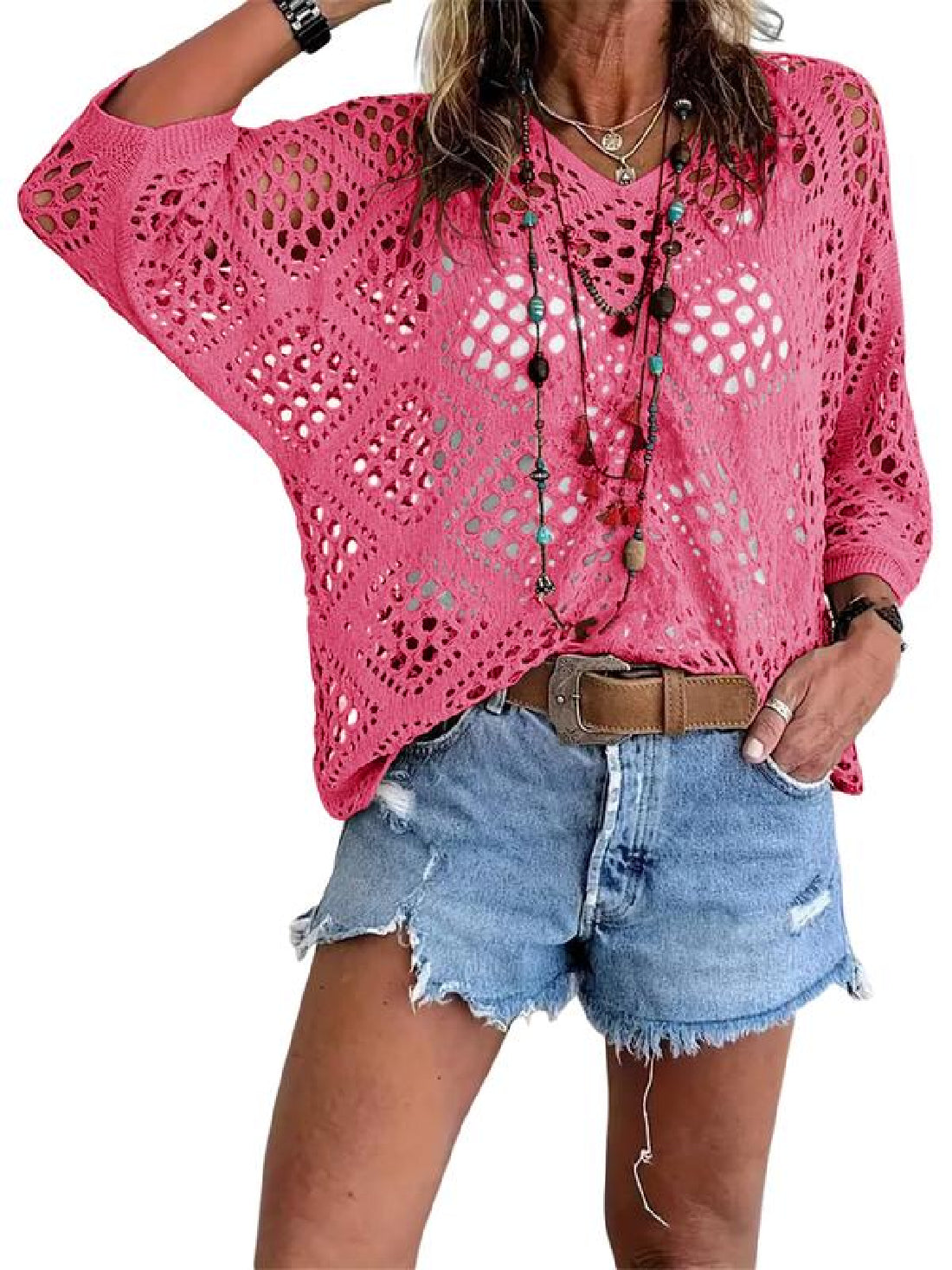 Womens Bohemian-Inspired Beige Crochet Top with V-Neck