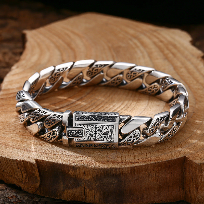Men's 925 Sterling Silver Cuban Link Bracelet | Vintage Tangcao Pattern Engraved Thick Bracelet | Premium Heavyweight Biker Style Jewelry for Men