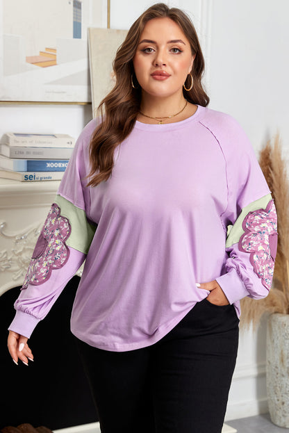 Threaded Pear Phalaenopsis Flower Patch Colorblock Plus Size Pullover Top