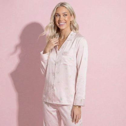 Anna-Kaci Lounge Women's 2-Piece Set Printed Button Front Pajama Top with Relaxed Long Sleeves and Matching Elastic Waist Pants
