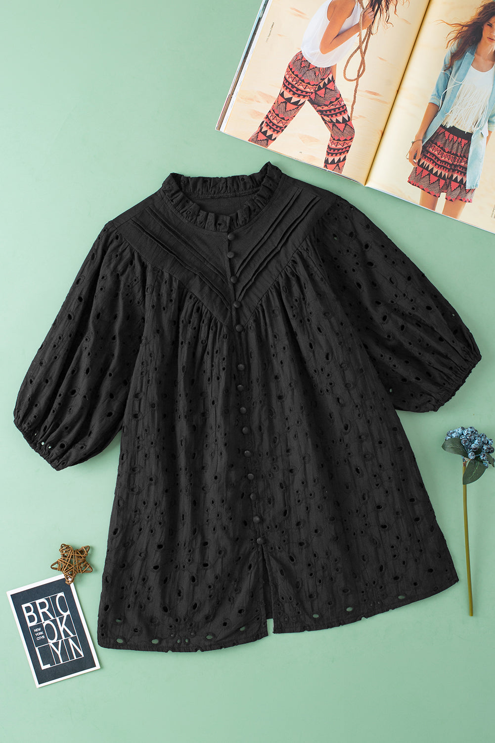 Threaded Pear Arielle Embroidered Hollow-out Puff Sleeve Blouse