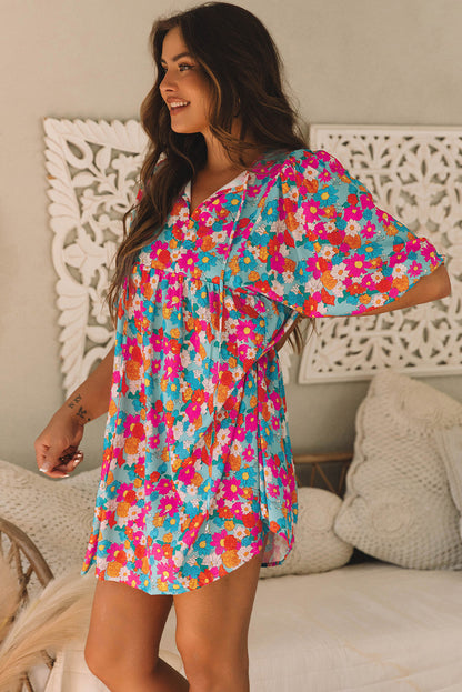 Threaded Pear Lena Floral Bubble Sleeve Babydoll Dress