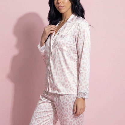 Anna-Kaci Lounge Women's 2-Piece Set Leopard Print Button Front Pajama Top with Lace Trim Sleeves and Matching Relaxed Fit Pants