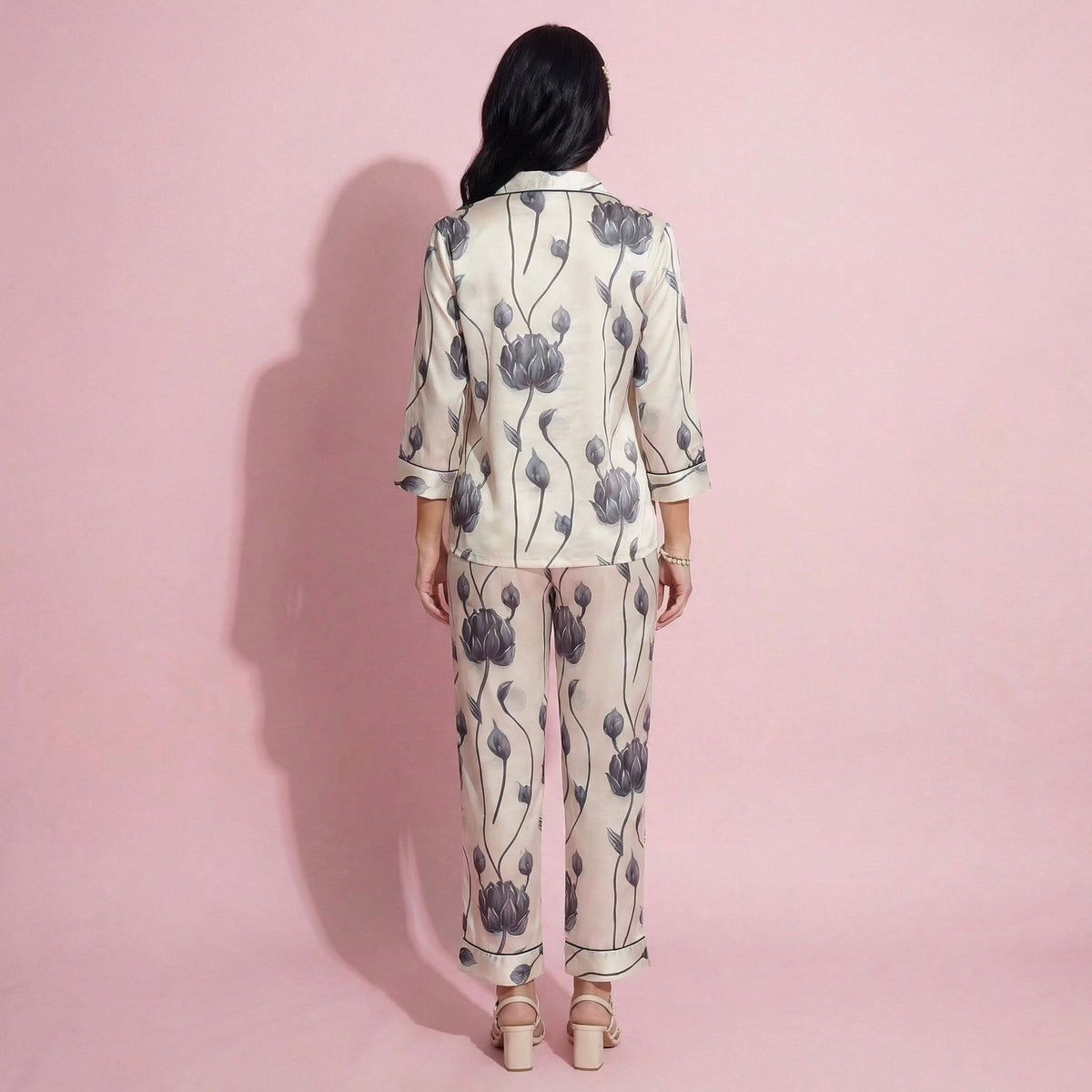 Anna-Kaci Lounge Women's 2-Piece Set Floral Satin Button Front Pajama Top with Contrast Piping and Elastic Waist Pants