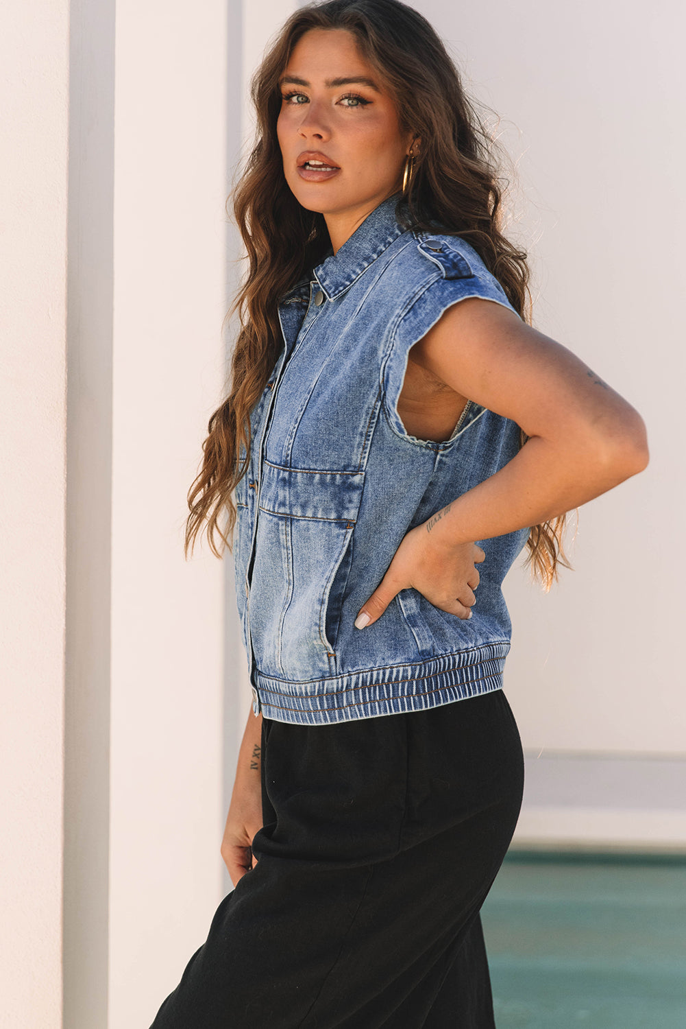 Threaded Pear Nora Blue Acid Wash Elastic Hem Button Up Denim Vest