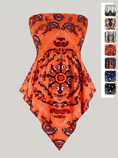 Women's printed strapless top with pleats and an asymmetrical hem