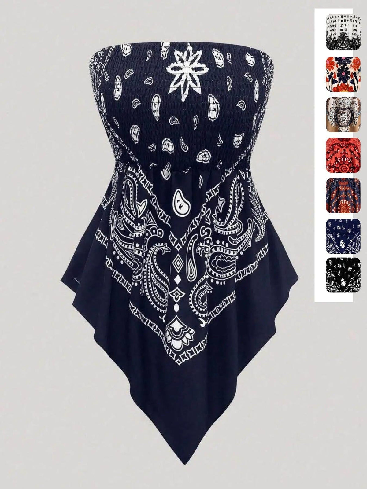 Women's printed strapless top with pleats and an asymmetrical hem