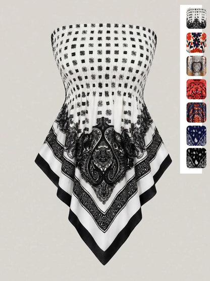 Women's printed strapless top with pleats and an asymmetrical hem