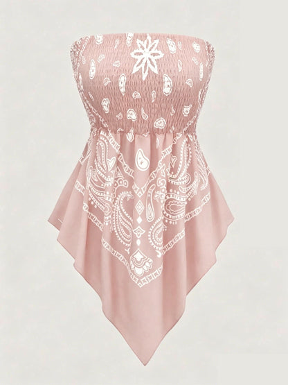 Women's printed strapless top with pleats and an asymmetrical hem