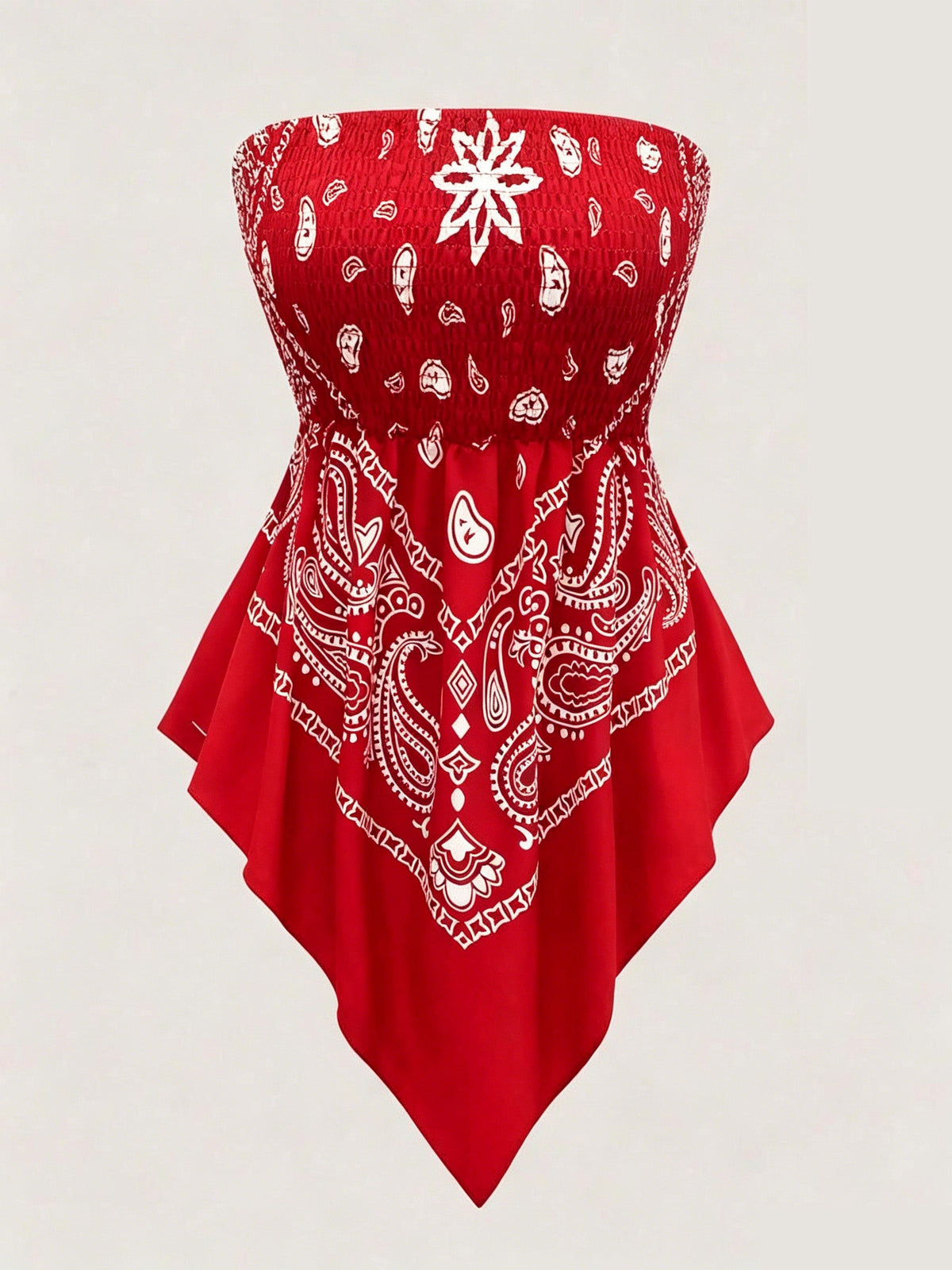 Women's printed strapless top with pleats and an asymmetrical hem