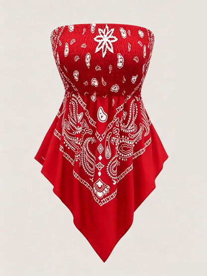Women's printed strapless top with pleats and an asymmetrical hem