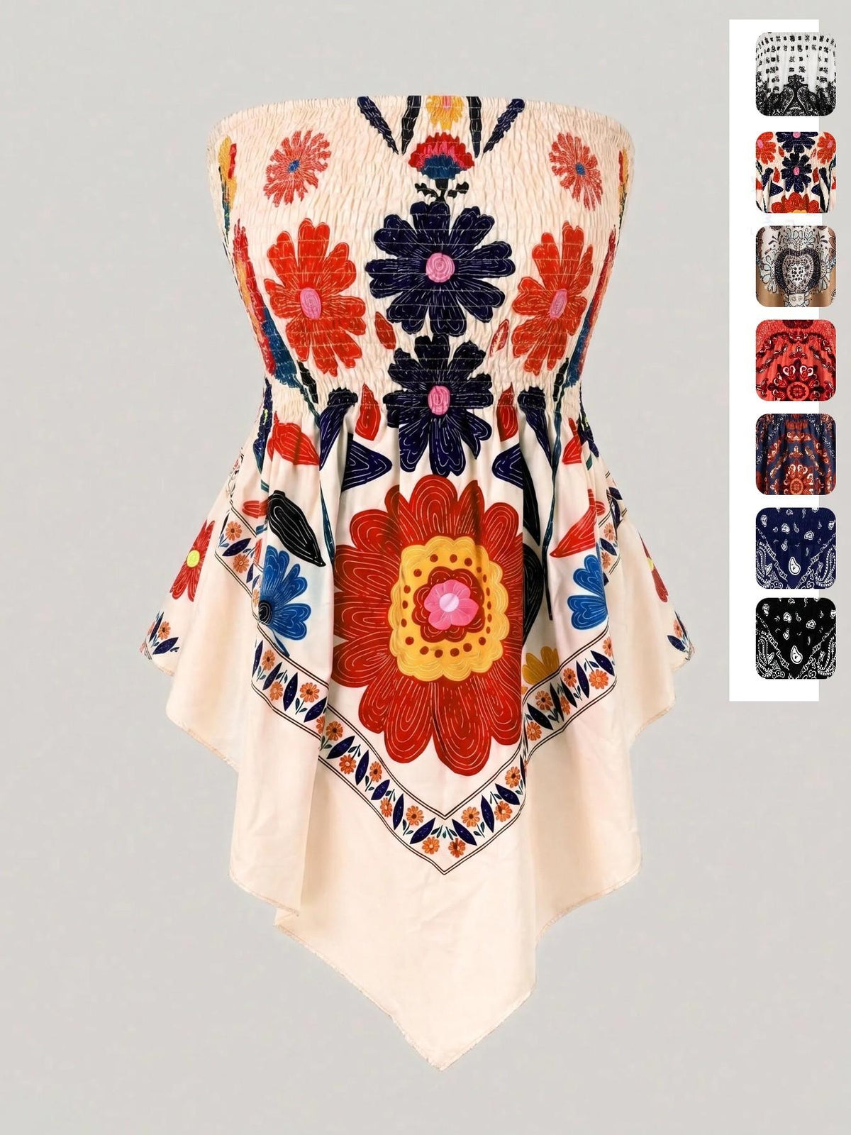 Women's printed strapless top with pleats and an asymmetrical hem