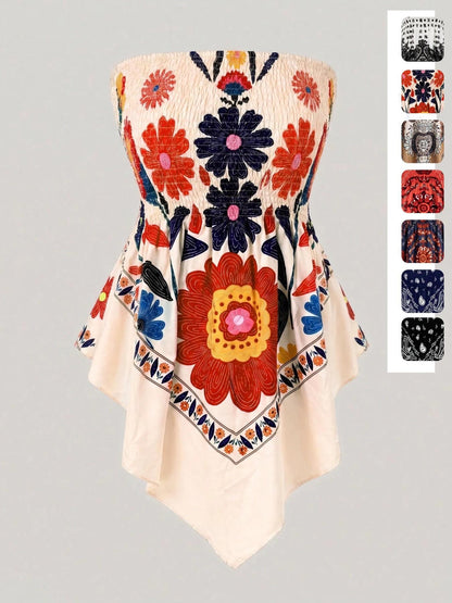 Women's printed strapless top with pleats and an asymmetrical hem