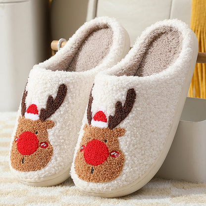 Christmas Elk Winter Home Slippers | Soft Cozy Reindeer Bedroom Shoes | Plush Slip-On House Slippers for Men & Women | Warm Holiday Indoor Footwear