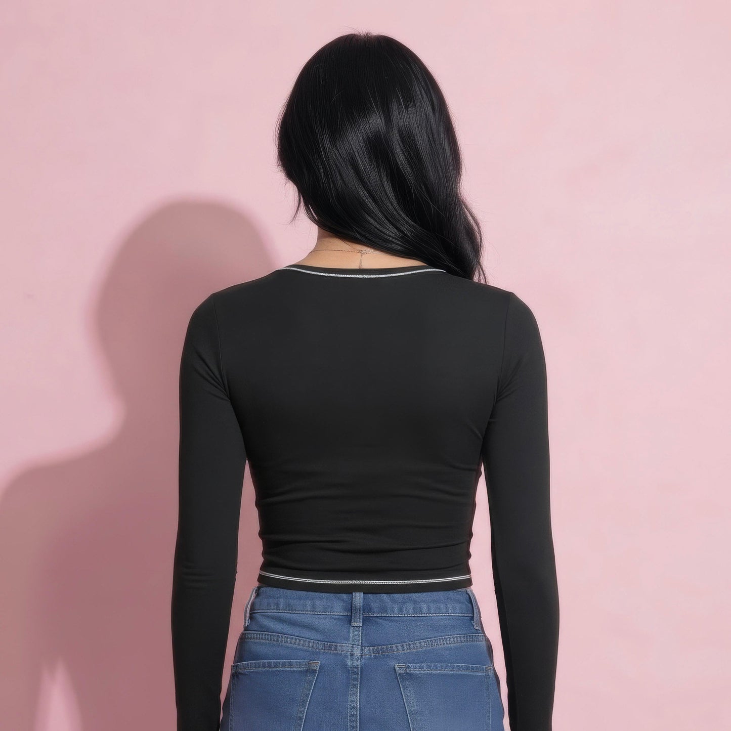 Anna-Kaci Active Women's Long Sleeve Cropped Top with V Neckline Contrast Trim and Smooth Stretch Fit