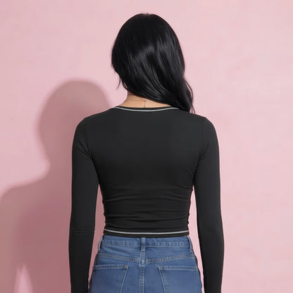 Anna-Kaci Active Women's Long Sleeve Cropped Top with V Neckline Contrast Trim and Smooth Stretch Fit