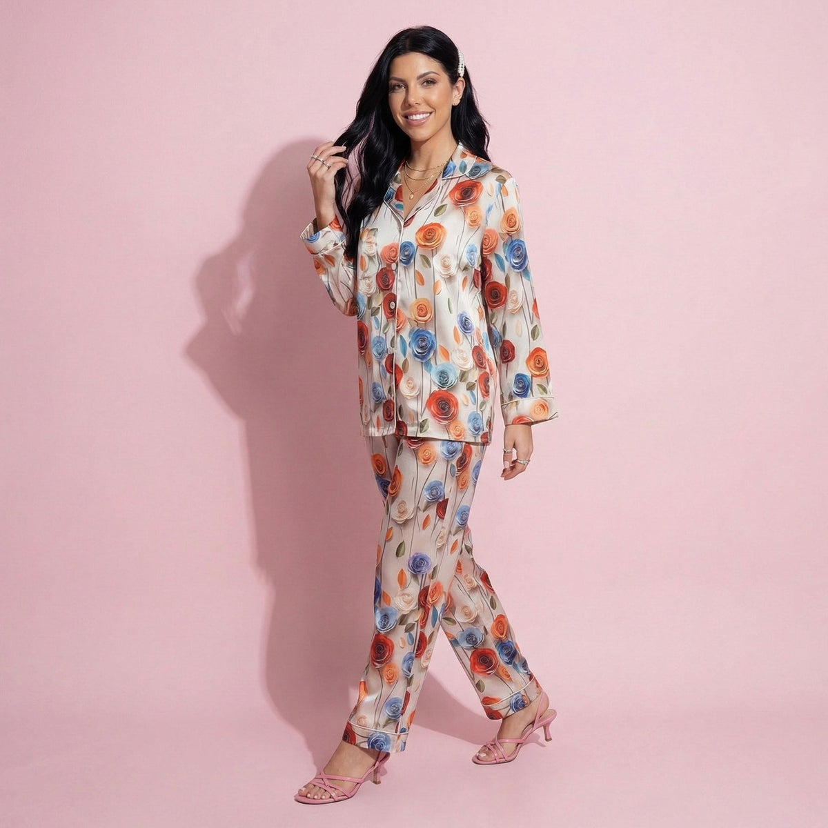 Anna-Kaci Lounge Women's 2-Piece Set Floral Satin Button Front Pajama Top with Contrast Piping and Elastic Waist Pants