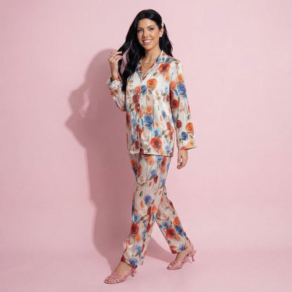 Anna-Kaci Lounge Women's 2-Piece Set Floral Satin Button Front Pajama Top with Contrast Piping and Elastic Waist Pants