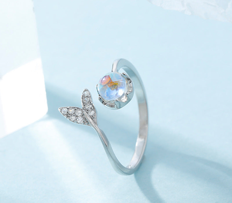 Elegant Fishtail Aurora Moonstone Ring | S925 Sterling Silver Mermaid Tail Ring | Minimalist Iridescent Moonstone Index Finger Ring | Aesthetic Mythical Sea-Inspired Jewelry