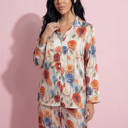 Anna-Kaci Lounge Women's 2-Piece Set Floral Satin Button Front Pajama Top with Contrast Piping and Elastic Waist Pants