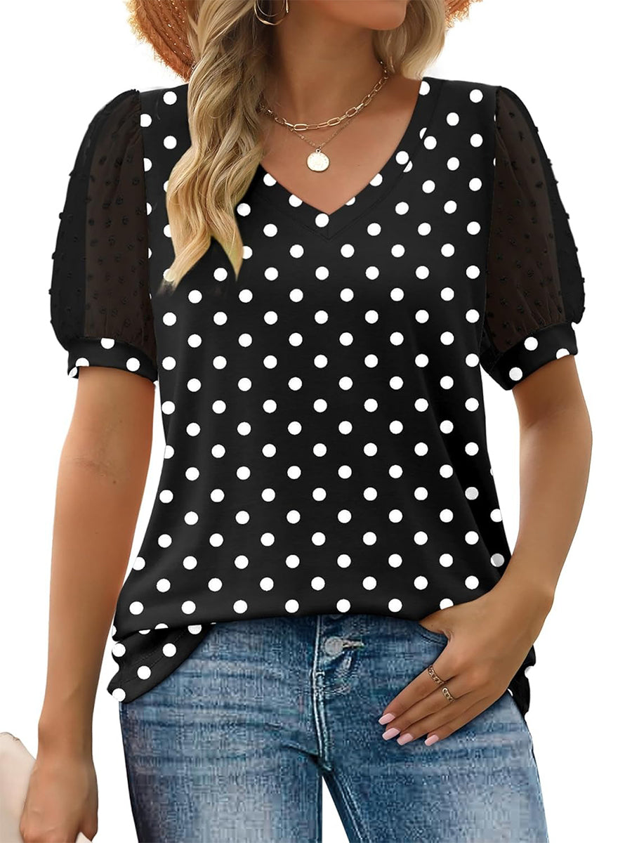 HOT SALE Women's Printed V Neck Swiss Dot Puff Sleeve Loose Casual T-Shirt