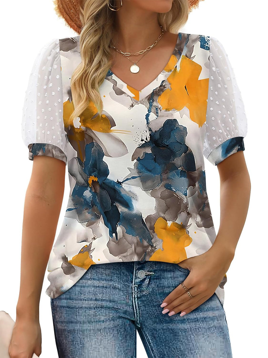 HOT SALE Women's Printed V Neck Swiss Dot Puff Sleeve Loose Casual T-Shirt