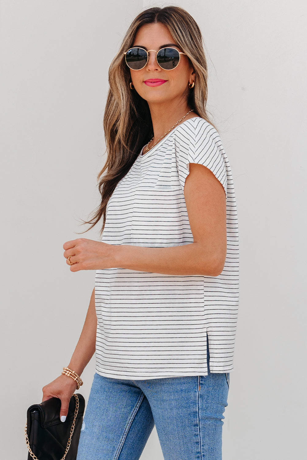 Threaded Pear Tilly Stripe Cap Sleeve Crew Neck top