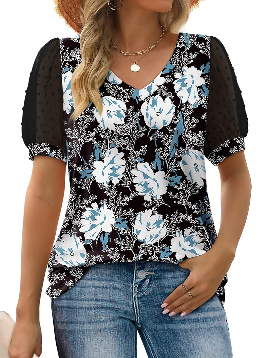 HOT SALE Women's Printed V Neck Swiss Dot Puff Sleeve Loose Casual T-Shirt