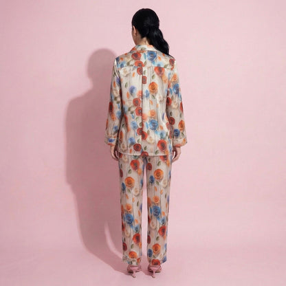 Anna-Kaci Lounge Women's 2-Piece Set Floral Satin Button Front Pajama Top with Contrast Piping and Elastic Waist Pants