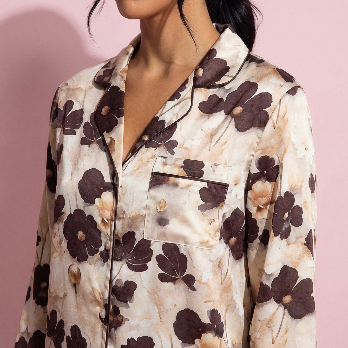 Anna-Kaci Lounge Women's 2-Piece Set Floral Satin Button Front Pajama Top with Contrast Piping and Elastic Waist Pants