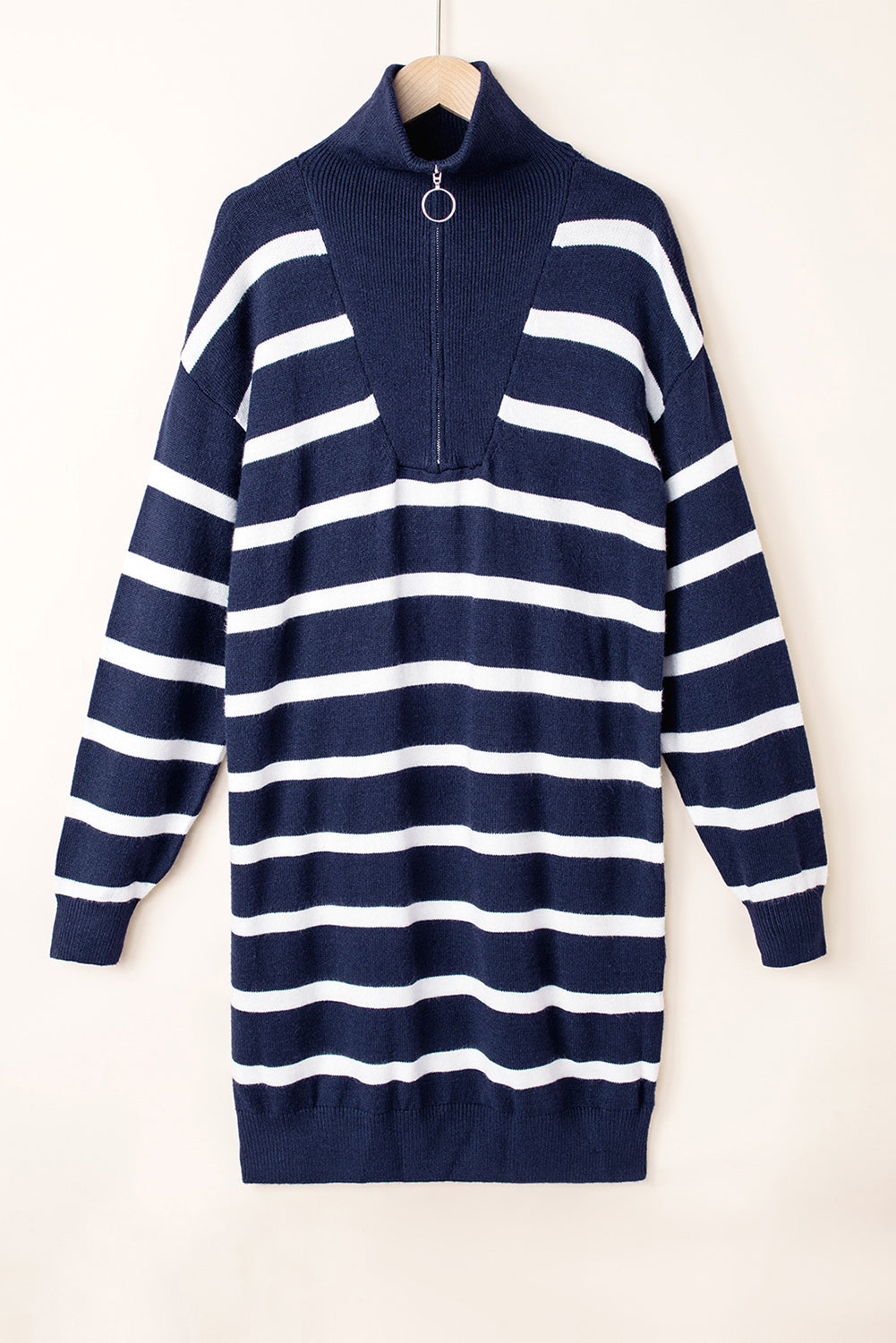 Threaded Pear Iris Striped Zip Collared Loose Sweater Mini Dress
