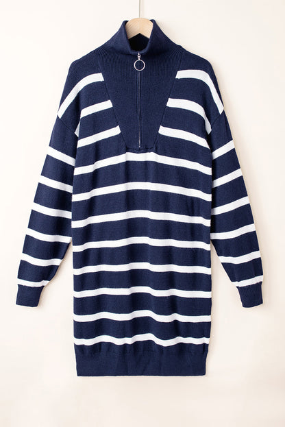 Threaded Pear Iris Striped Zip Collared Loose Sweater Mini Dress