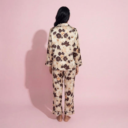 Anna-Kaci Lounge Women's 2-Piece Set Floral Satin Button Front Pajama Top with Contrast Piping and Elastic Waist Pants