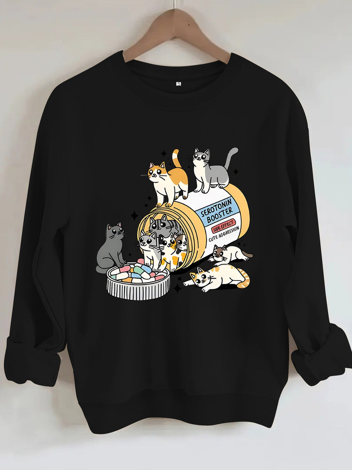 Cartoon cat lover printed round neck long sleeved sweatshirt