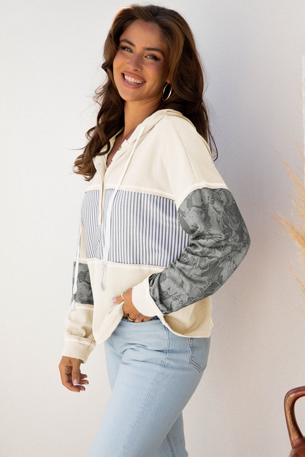 Threaded Pear Taytum Patchwork Drawstring Hooded Long Sleeve Top