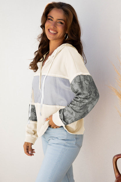 Threaded Pear Taytum Patchwork Drawstring Hooded Long Sleeve Top