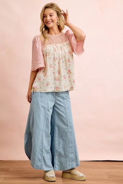 BiBi Crinkle Floral Gauze Mix And Matched Blouse Top