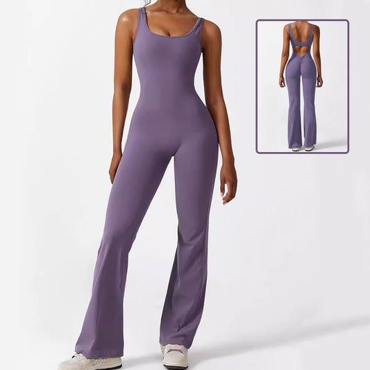Women’s Sleeveless Flare Yoga Jumpsuit | Full-Body Fitness Bodysuit with Flared Legs | Elegant Backless Workout One-Piece | Trendy High-Stretch Athleisure Yoga Set | 2026 Modern Studio-to-Street Jumpsuit