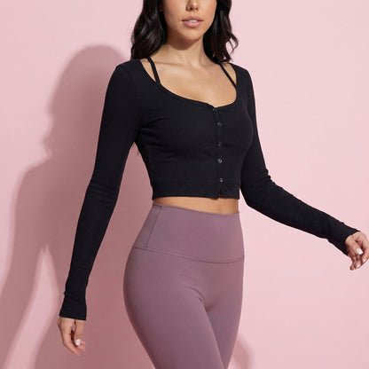 Cropped Button-Up Ribbed Long Sleeve Top with Scoop Neckline