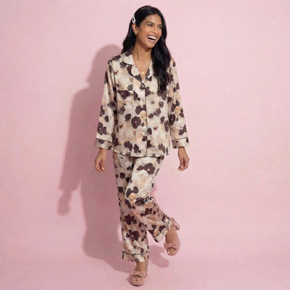 Anna-Kaci Lounge Women's 2-Piece Set Floral Satin Button Front Pajama Top with Contrast Piping and Elastic Waist Pants