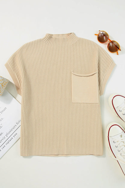Threaded Pear Lindsey Patch Pocket Ribbed Knit Short Sleeve Sweater