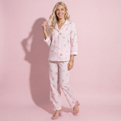 Anna-Kaci Lounge Women's 2-Piece Set Heart Print Button Front Pajama Top with Relaxed Long Sleeves and Matching Elastic Waist Pants