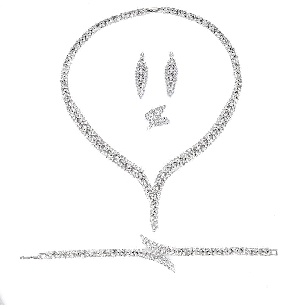 4-Piece 3A Zircon Bridal Jewelry Set | Micro-Set Full Crystal Necklace, Earrings, Bracelet & Ring | Luxurious Wedding & Banquet Jewelry for Women