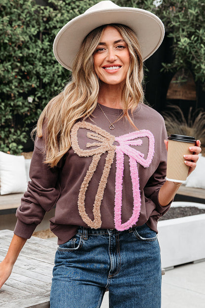 Threaded Pear Callie Terry Bow Pattern Drop Shoulder Sweatshirt