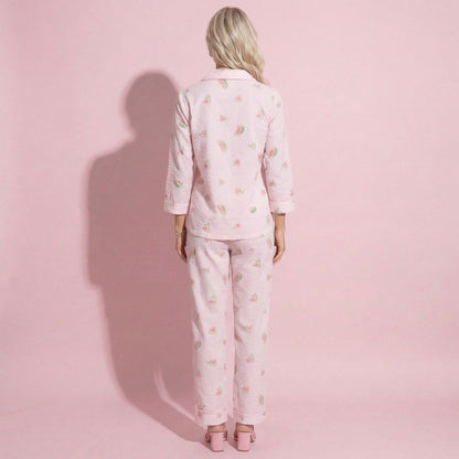 Anna-Kaci Lounge Women's 2-Piece Set Heart Print Button Front Pajama Top with Relaxed Long Sleeves and Matching Elastic Waist Pants