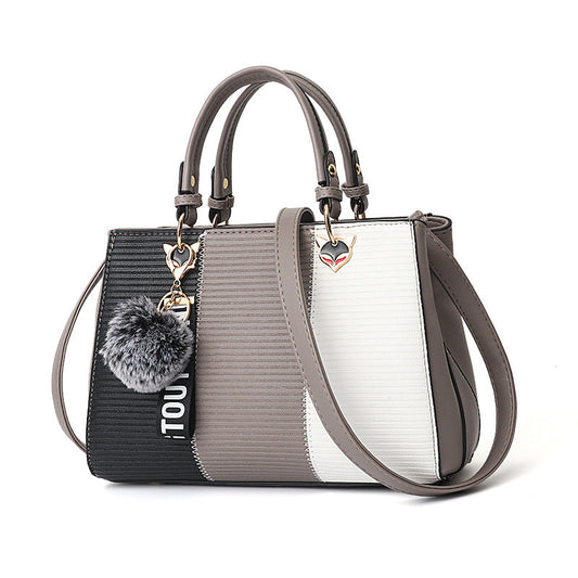 Women’s Patchwork Handbag with Hairball Ornament | Elegant Contrast Crossbody Bag | Luxury Ladies Messenger Shoulder Bag | Trendy Party Purse with Fluffy Charm | 2026 High-Fashion Multi-Texture Tote