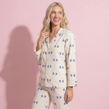 Anna-Kaci Lounge Women's 2-Piece Set Heart Print Button Front Pajama Top with Relaxed Long Sleeves and Matching Elastic Waist Pants