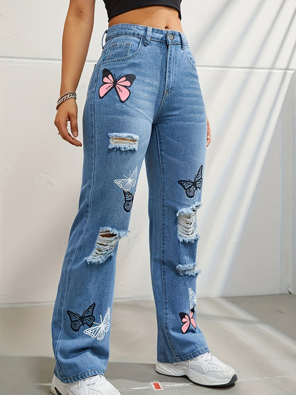 Women’s High-Waisted Butterfly Print Straight Leg Jeans | High-Sense Ripped Distressed Denim | Trendy Minimalist Butterfly Motif Pants | Luxury-Label Statuesque Radiant Urban Wear | 2026 High-Fashion Botanical-Luxe Essential