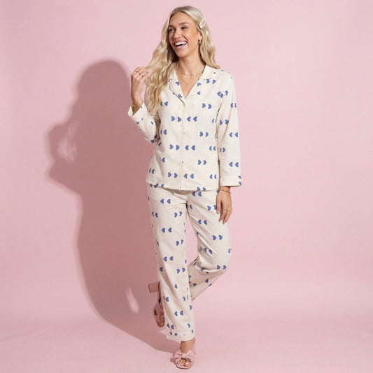 Anna-Kaci Lounge Women's 2-Piece Set Heart Print Button Front Pajama Top with Relaxed Long Sleeves and Matching Elastic Waist Pants