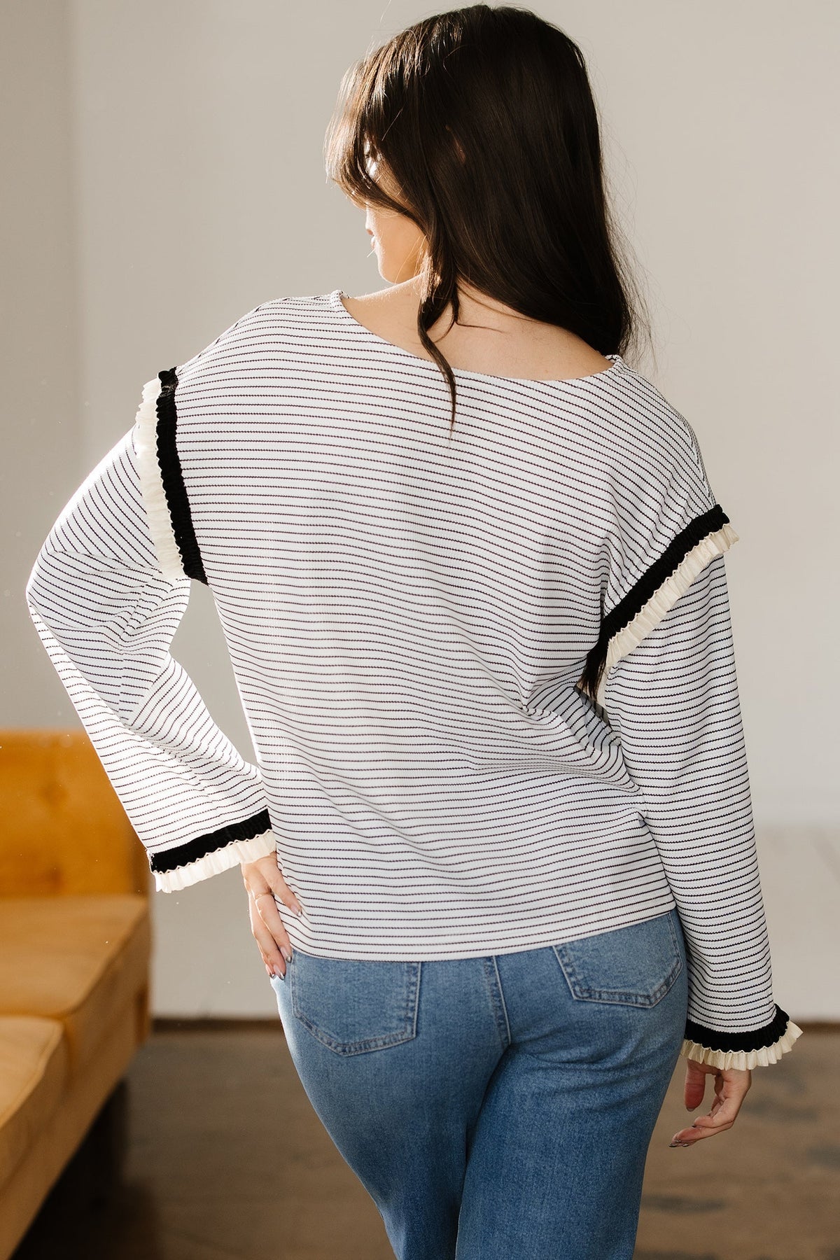 Threaded Pear Anya Ruffle Trim Loose Long Sleeve Top